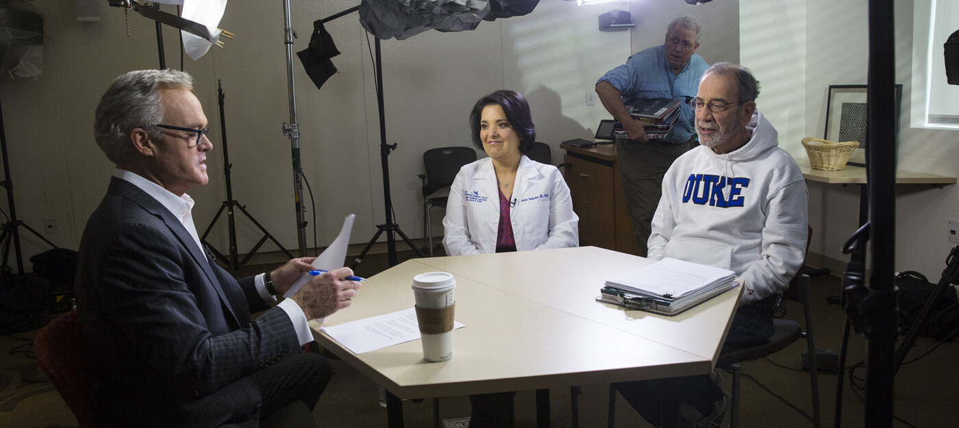 Scott Pelley interviews Annick Desjardins, MD, and Henry Friedman, MD, at the Duke Cancer Center in February. 60 Minutes updates viewers on poliovirus therapy for glioblastoma at Duke