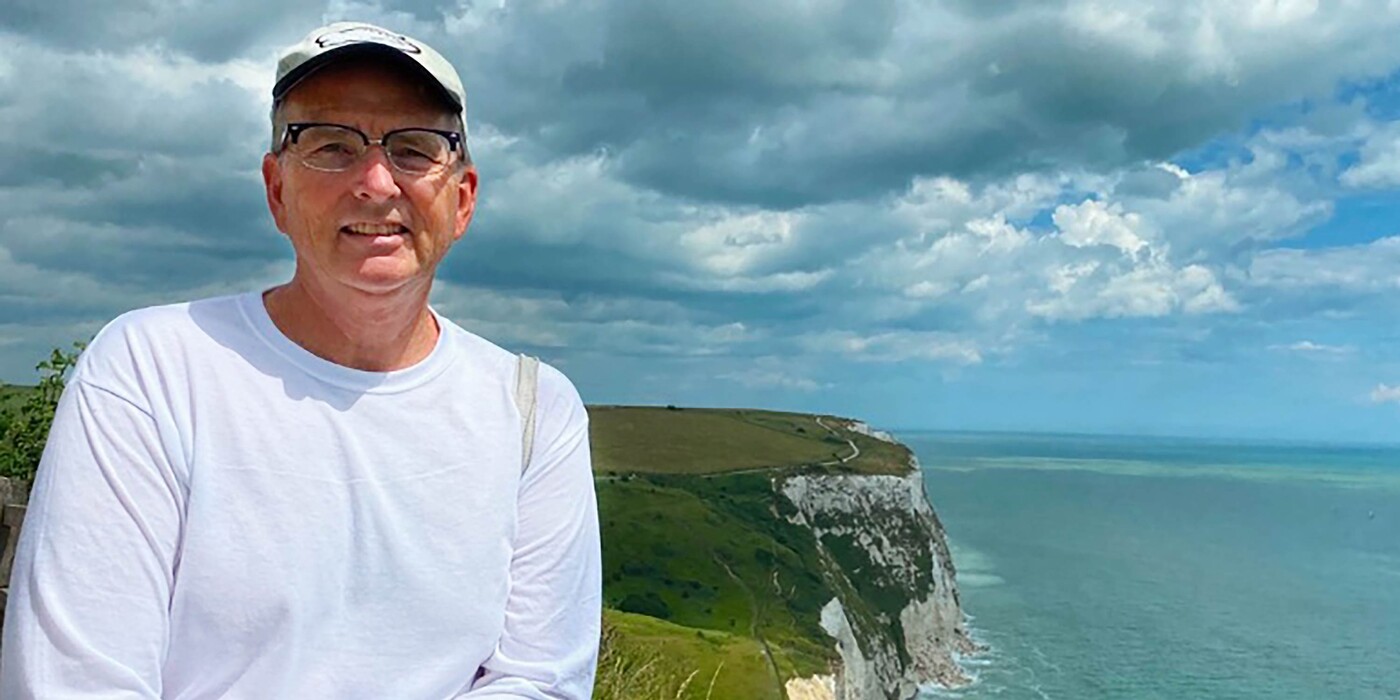 Mitchell Doub smiles at the White Cliffs of Dover in England in July 2023. Mitchell Doub smiles at the White Cliffs of Dover in England