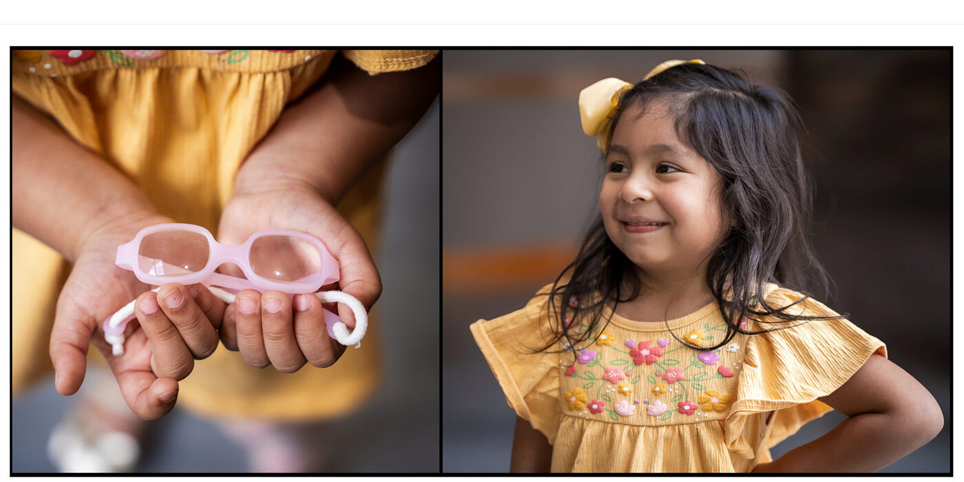 Emi holds the tiny pair of glasses she no longer needs. Today, she is able to see with the help of custom contact lenses. Left, Emilia holds the glasses she wore as a baby. Right, Emilia smiles and looks off camera